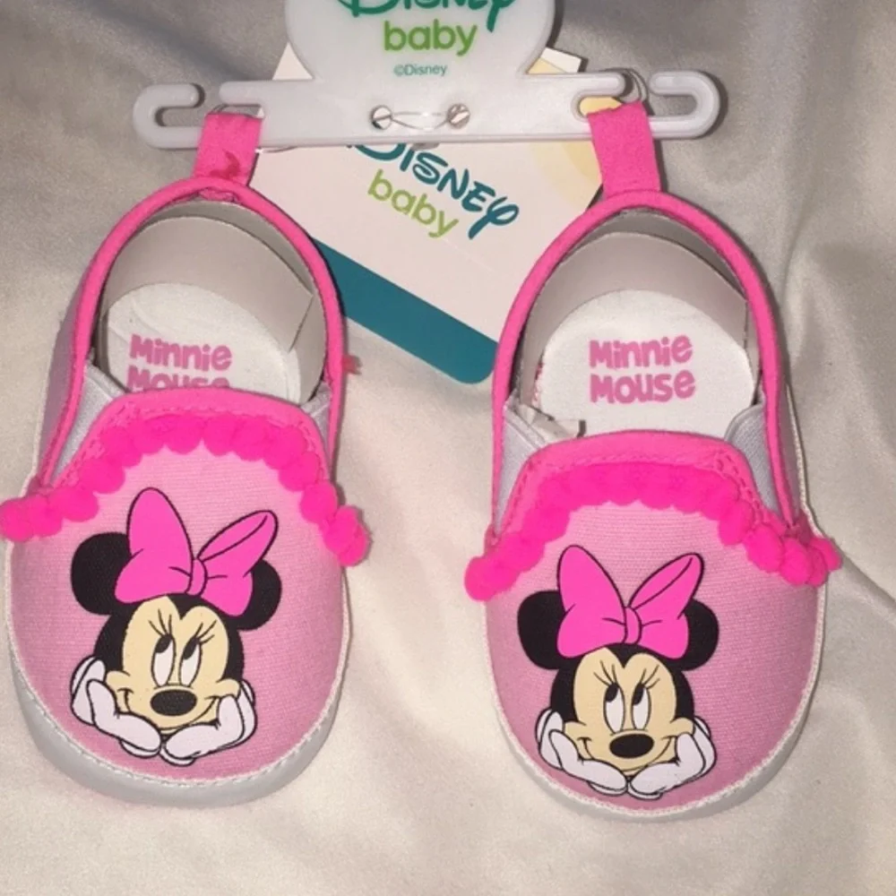 Minnie Mouse Pom Pom Baby Shoes, Pink, 3-6 Months